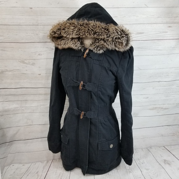 Roxy Jackets & Blazers - Roxy Black Faux Fur Trim Hooded  Peacoat Jacket S